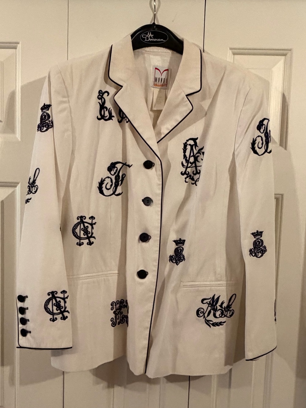 Mondi Embroidered White Blazer with Navy Monogram Details